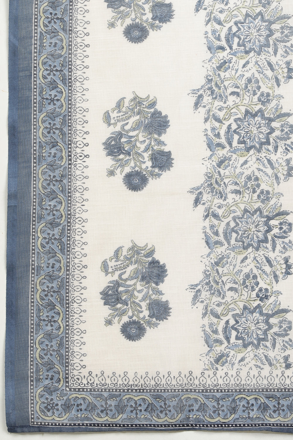 Cream & Blue Cotton Printed Unstitched Suit Material