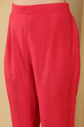 Magenta Pink Cotton Silk Printed & Neck Embroidered Suit