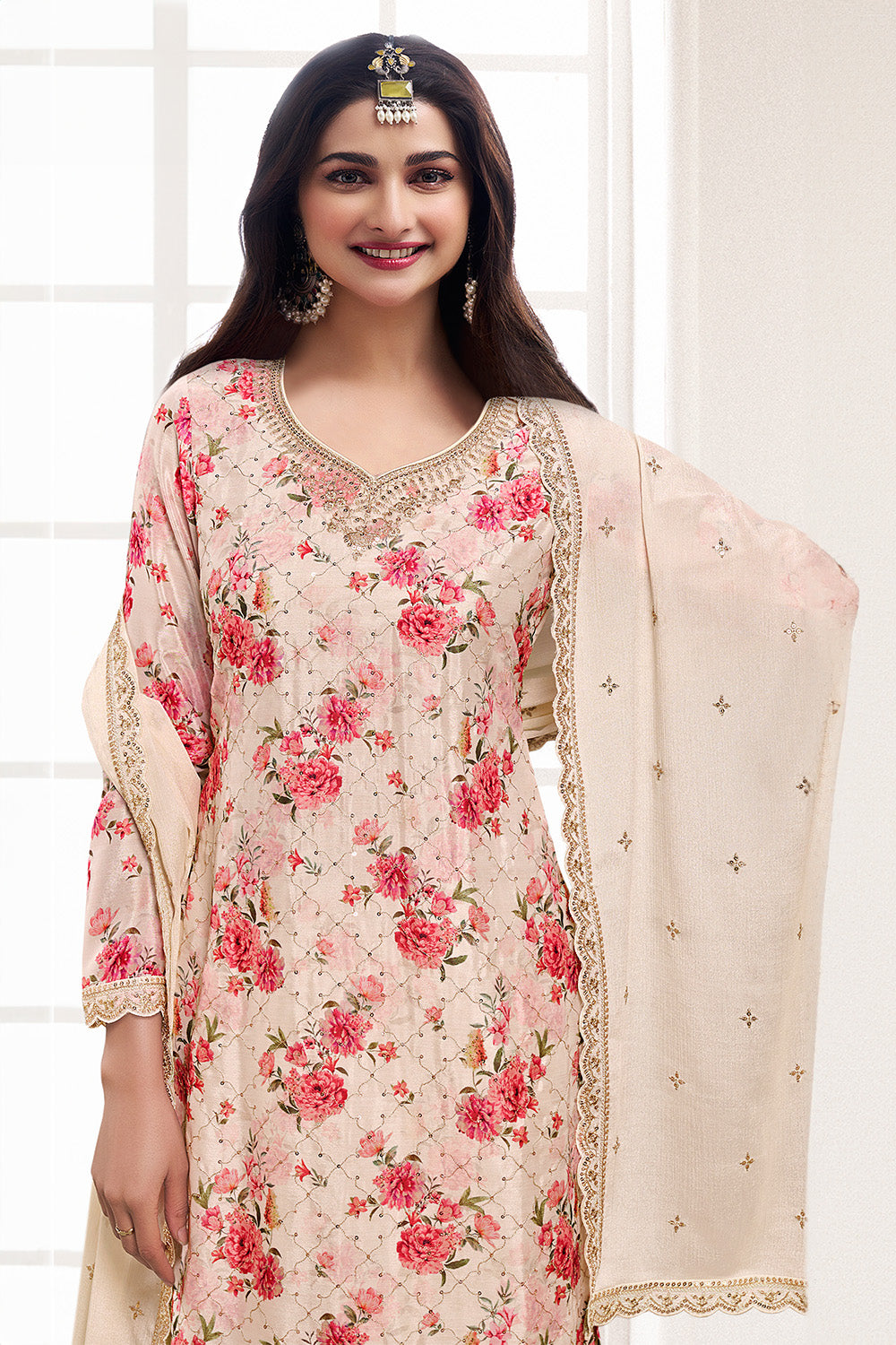 Cream Color Printed Crepe Unstitched Suit Material With Stitched Palazzo