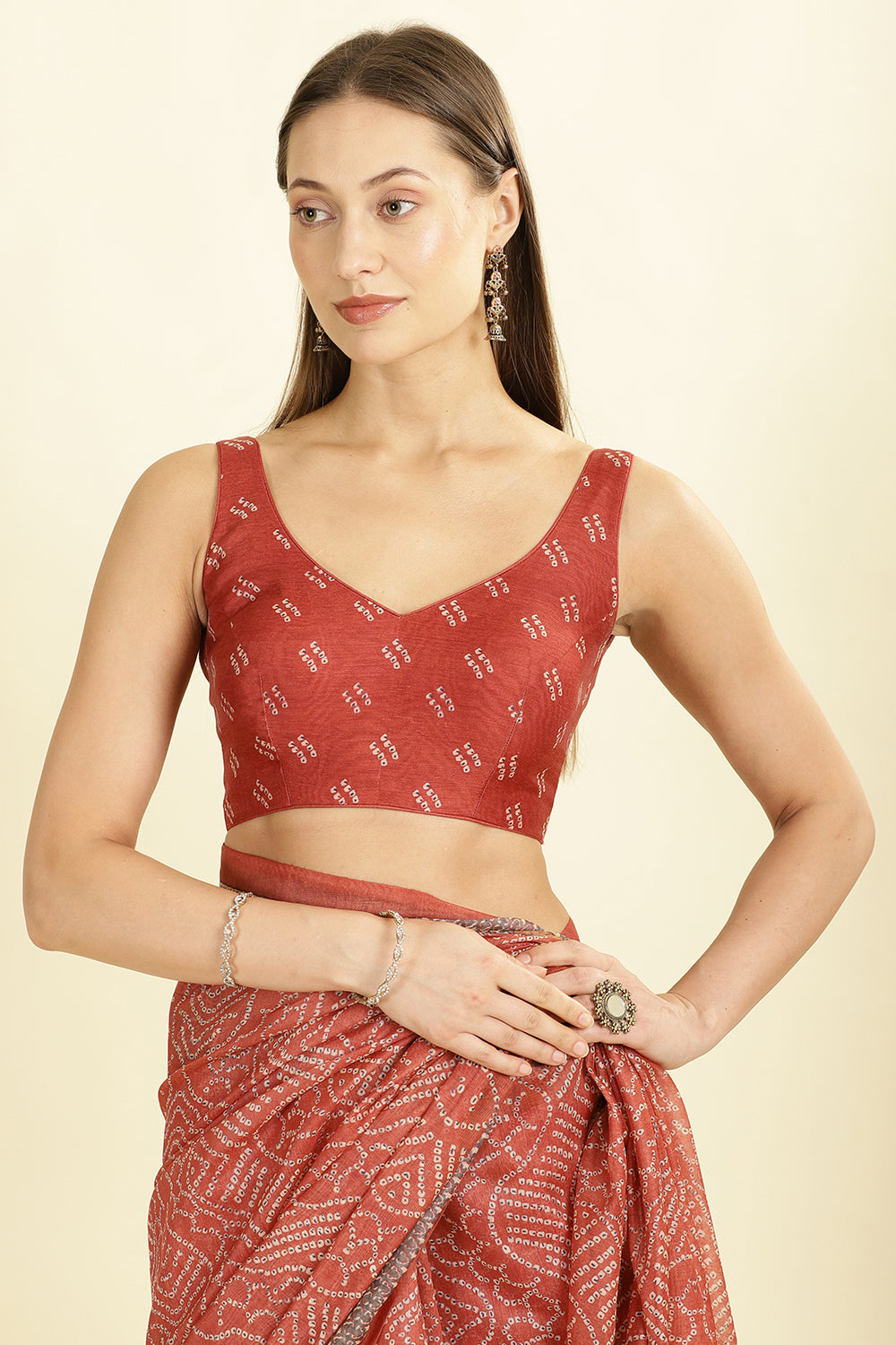 Rust Bandhani Printed Cotton Saree
