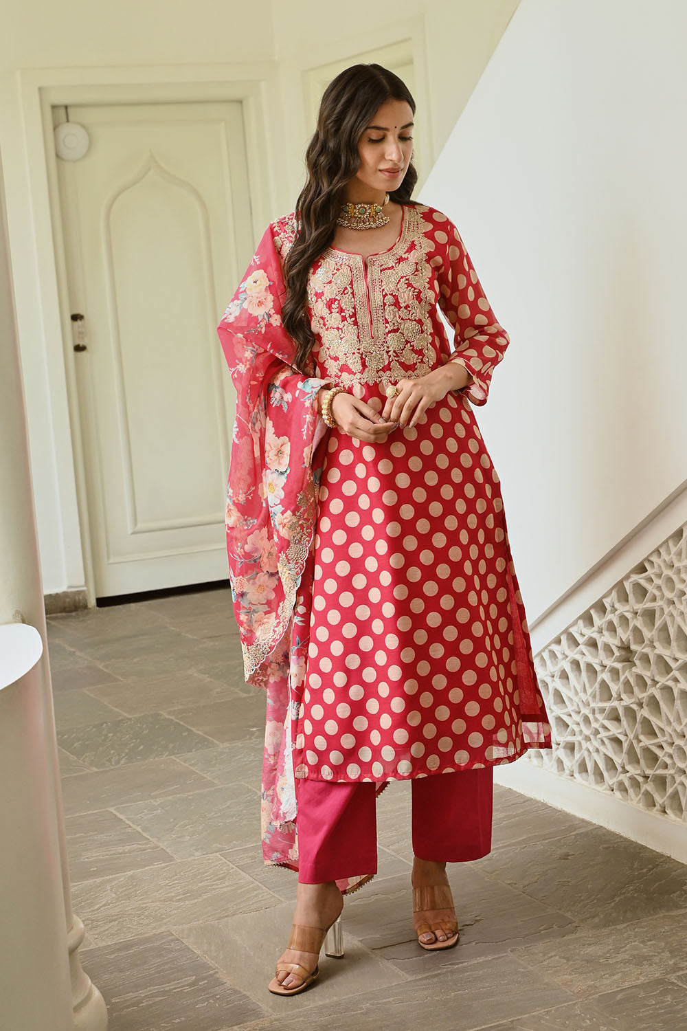 Fuchsia Pink Color Chanderi Printed Suit