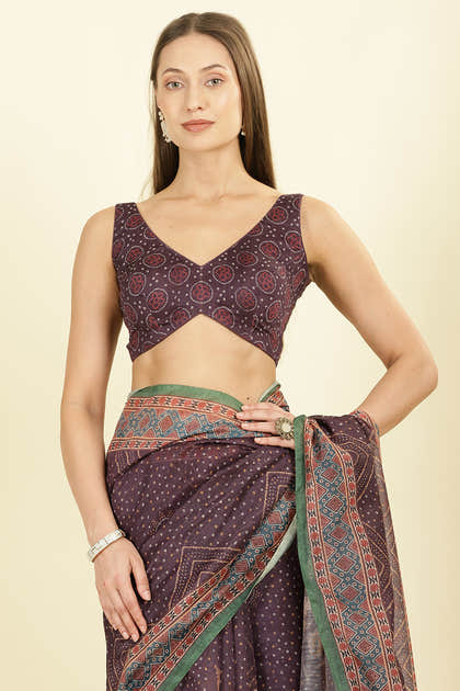 Dirty Purple Organza Cotton Bandhani Block Printed Saree