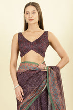 Dirty Purple Organza Cotton Bandhani Block Printed Saree