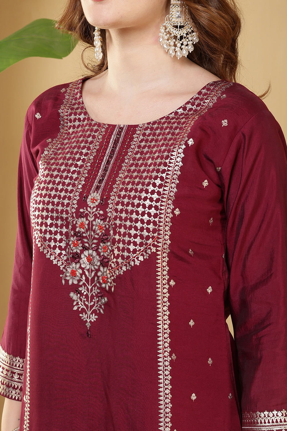 Burgundy Color Cotton Silk Printed & Neck Embroidered Suit
