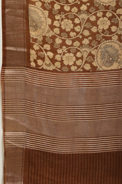 Brown Floral Printed & Zari Border Cotton Silk Saree