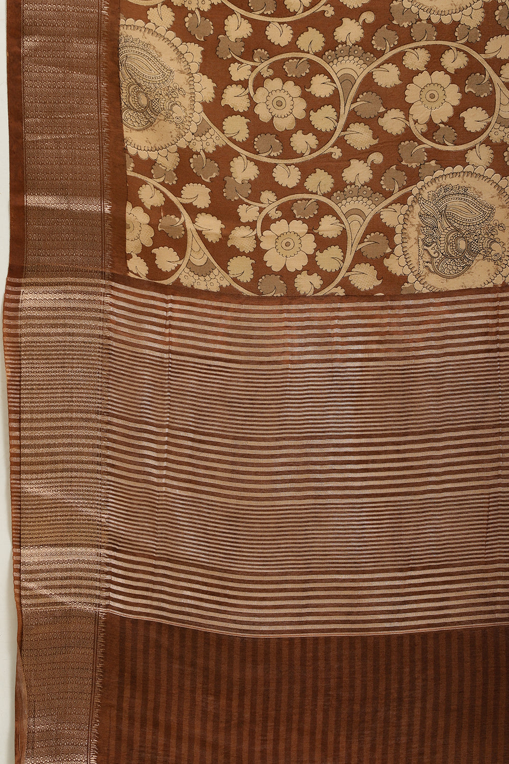 Brown Floral Printed & Zari Border Cotton Silk Saree