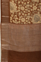 Brown Floral Printed & Zari Border Cotton Silk Saree