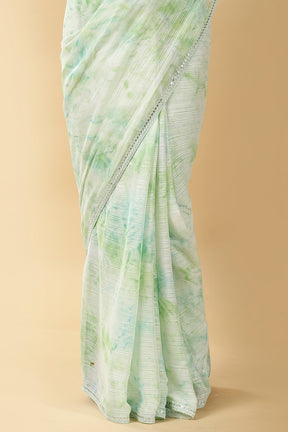 Pista Green Color Printed Chinon Saree