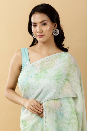 Pista Green Color Printed Chinon Saree
