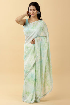 Pista Green Color Printed Chinon Saree