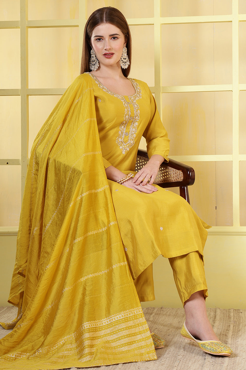 Mustard Silk Cut-Dana And Pearl Embroidered Suits