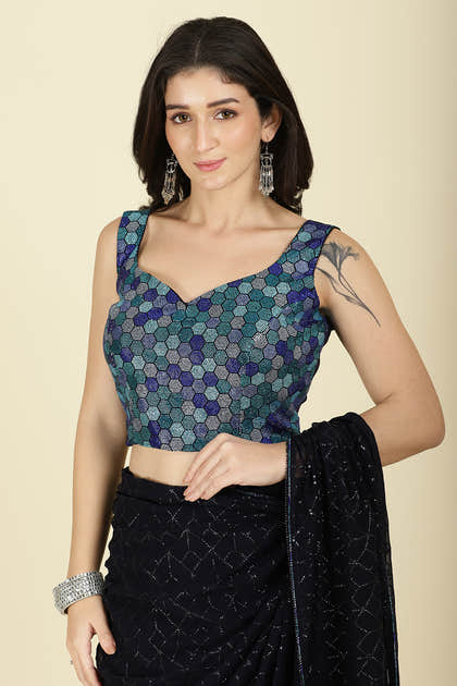 Navy Georgette Sequins Embroidered Saree With Stone Work Readymade Blouse