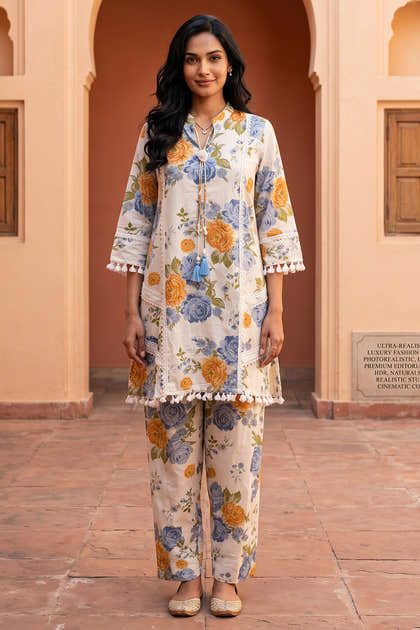 Cream Floral Printed And Lace Work Cotton Kurta Set