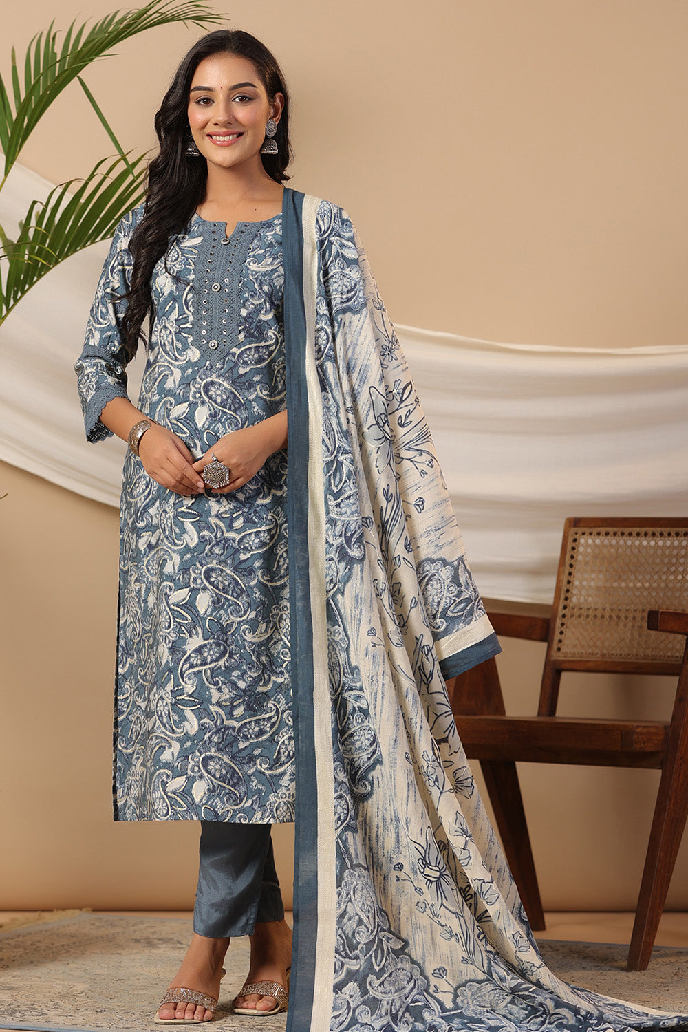 Grey Colour Muslin Printed Straight Suit