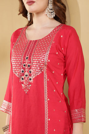 Magenta Pink Cotton Silk Printed & Neck Embroidered Suit