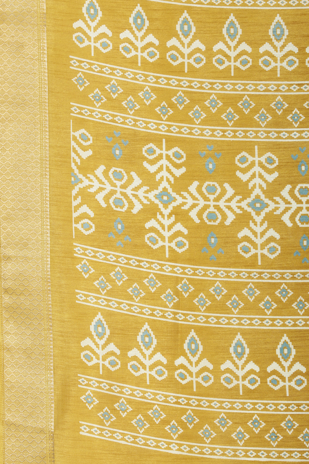Mustard Cotton Silk Printed And Zari Woven Saree