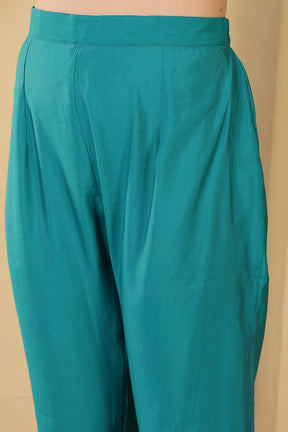 Turquoise Color Cotton Silk Printed & Neck Embroidered Suit