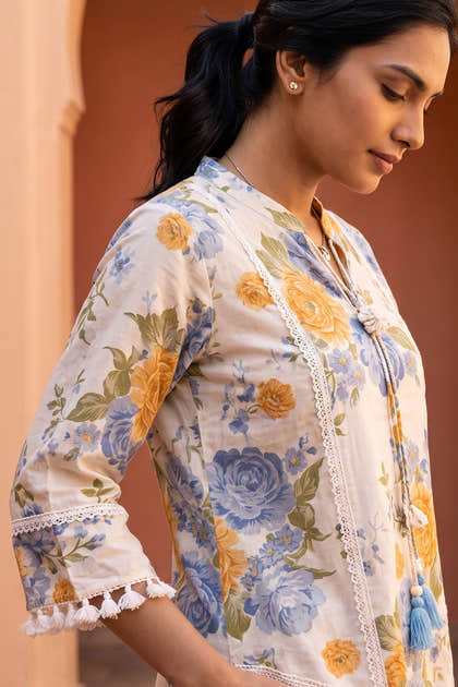 Cream Floral Printed And Lace Work Cotton Kurta Set