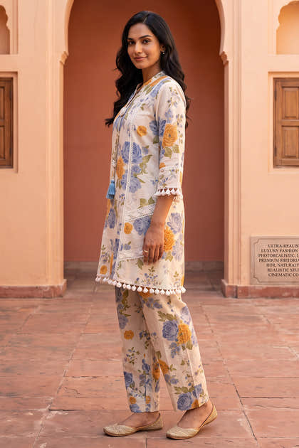 Cream Floral Printed And Lace Work Cotton Kurta Set