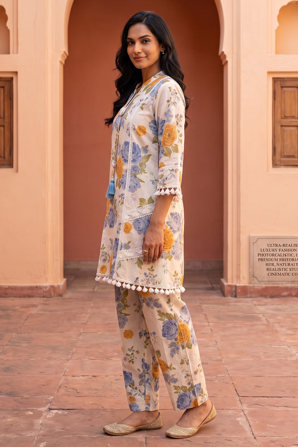 Cream Floral Printed And Lace Work Cotton Kurta Set