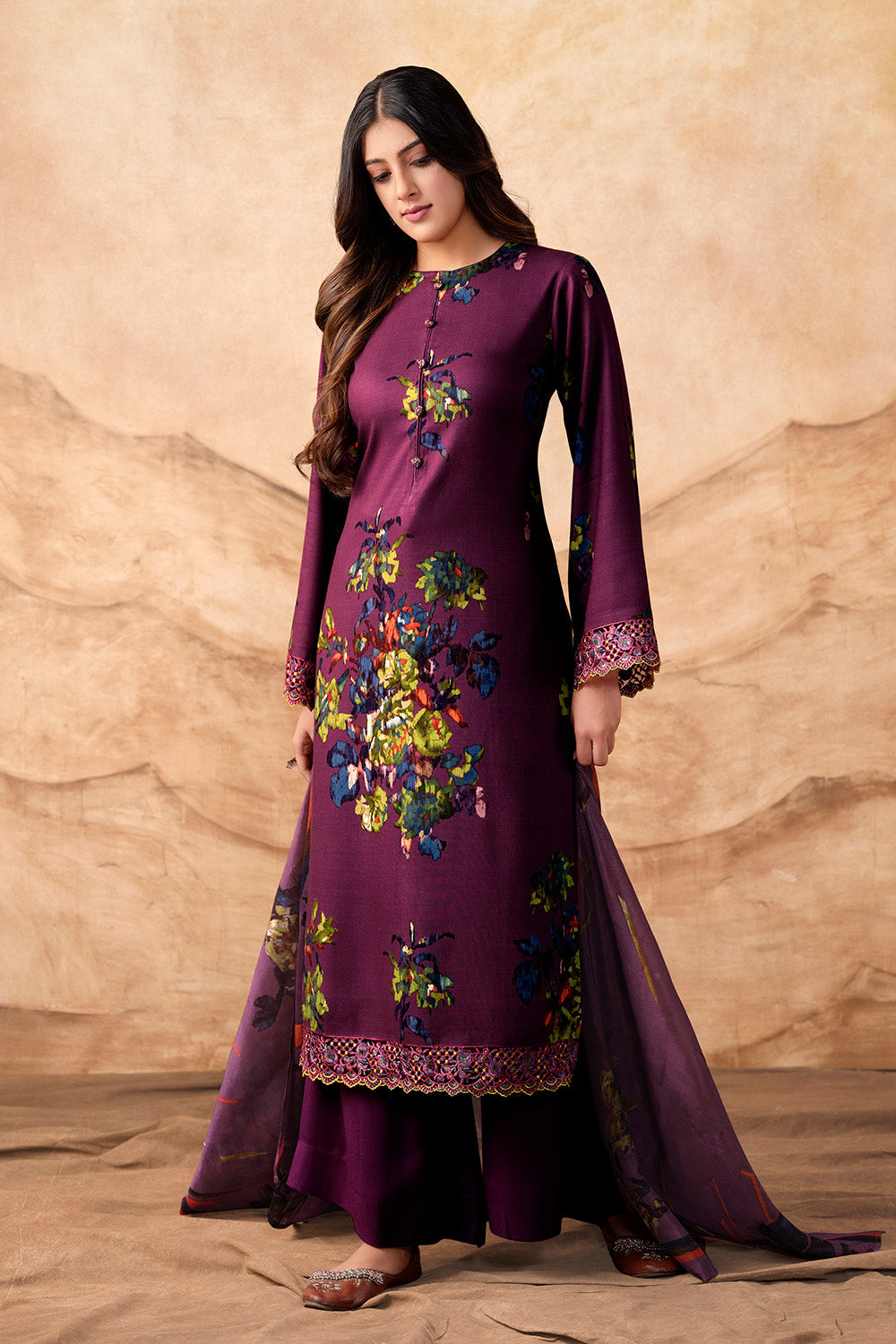 Wine Color Spun Printed Unstitched Suit Fabric