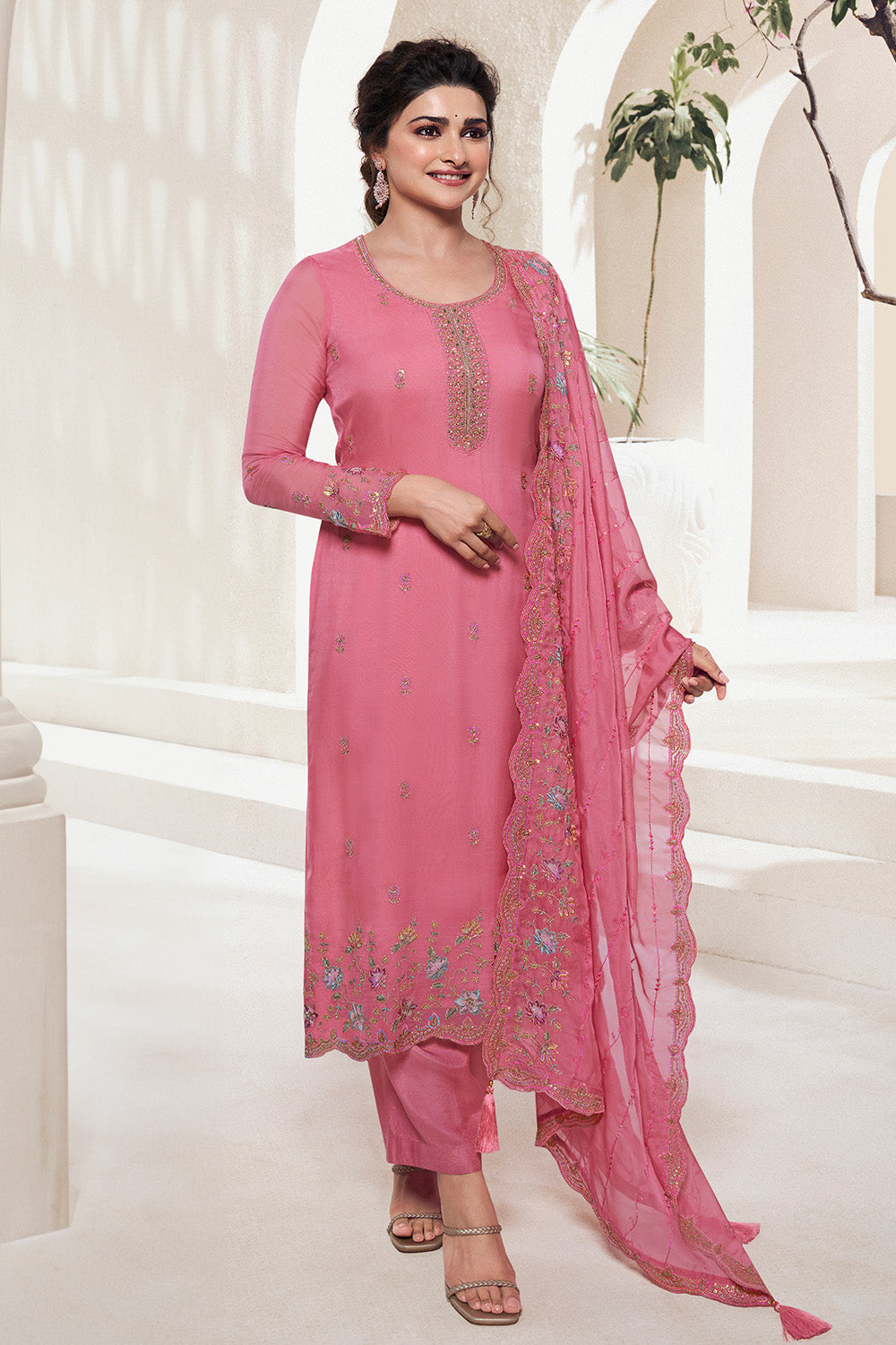 Peach Color Organza Embroidered Unstitched Suit Material