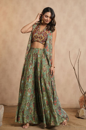 Pista Green Colour Chinon Embroidered Crop-Top and Printed Palazzo Set With Shrugs