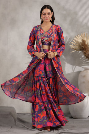 Orange & Purple Color Muslin Embroidered Crop-Top and Printed Sharara Set With Shrugs