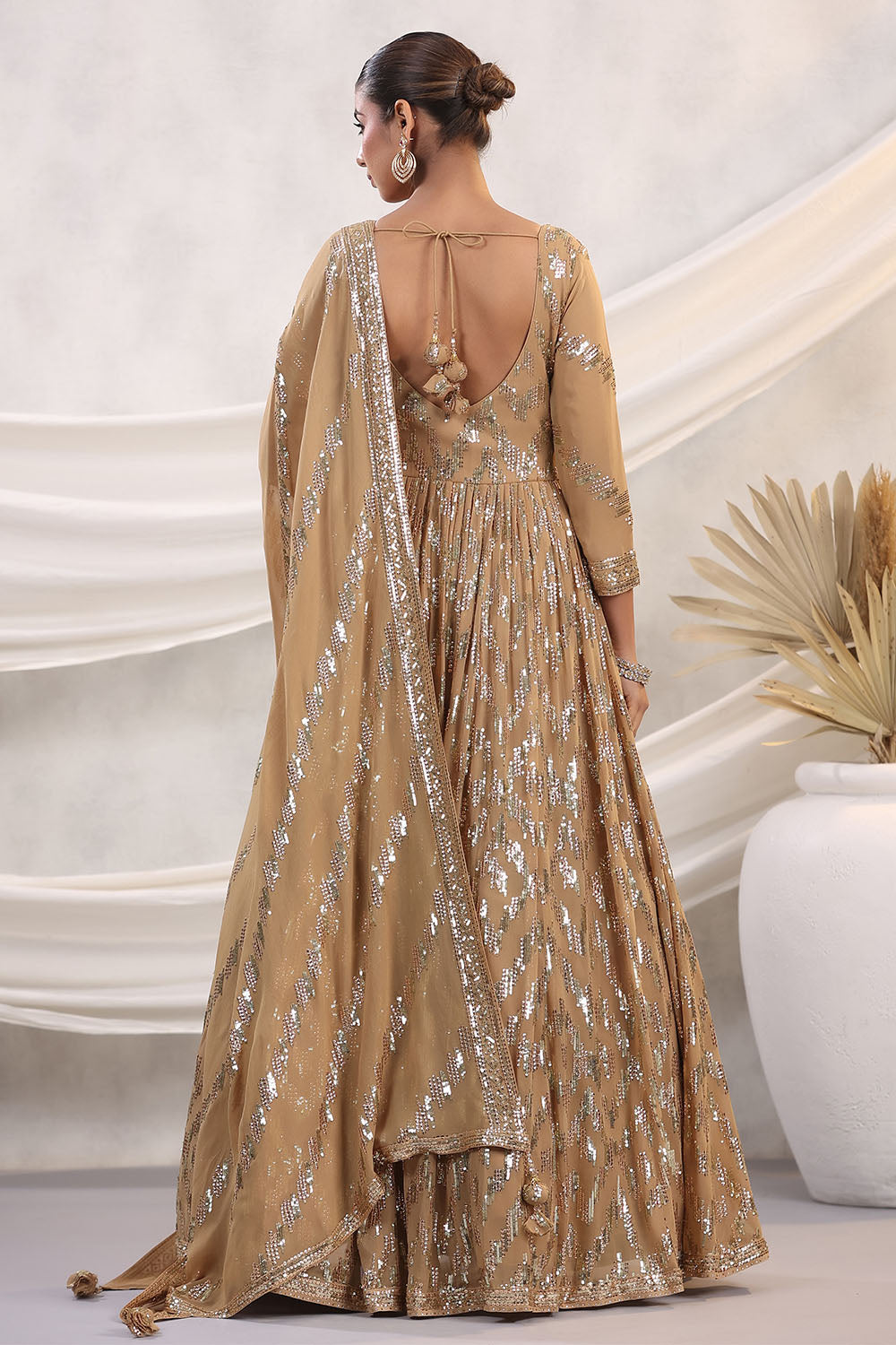 Fawn Color Georgette Sequins Embroidered Floor Length Anarkali Gown with Dupatta