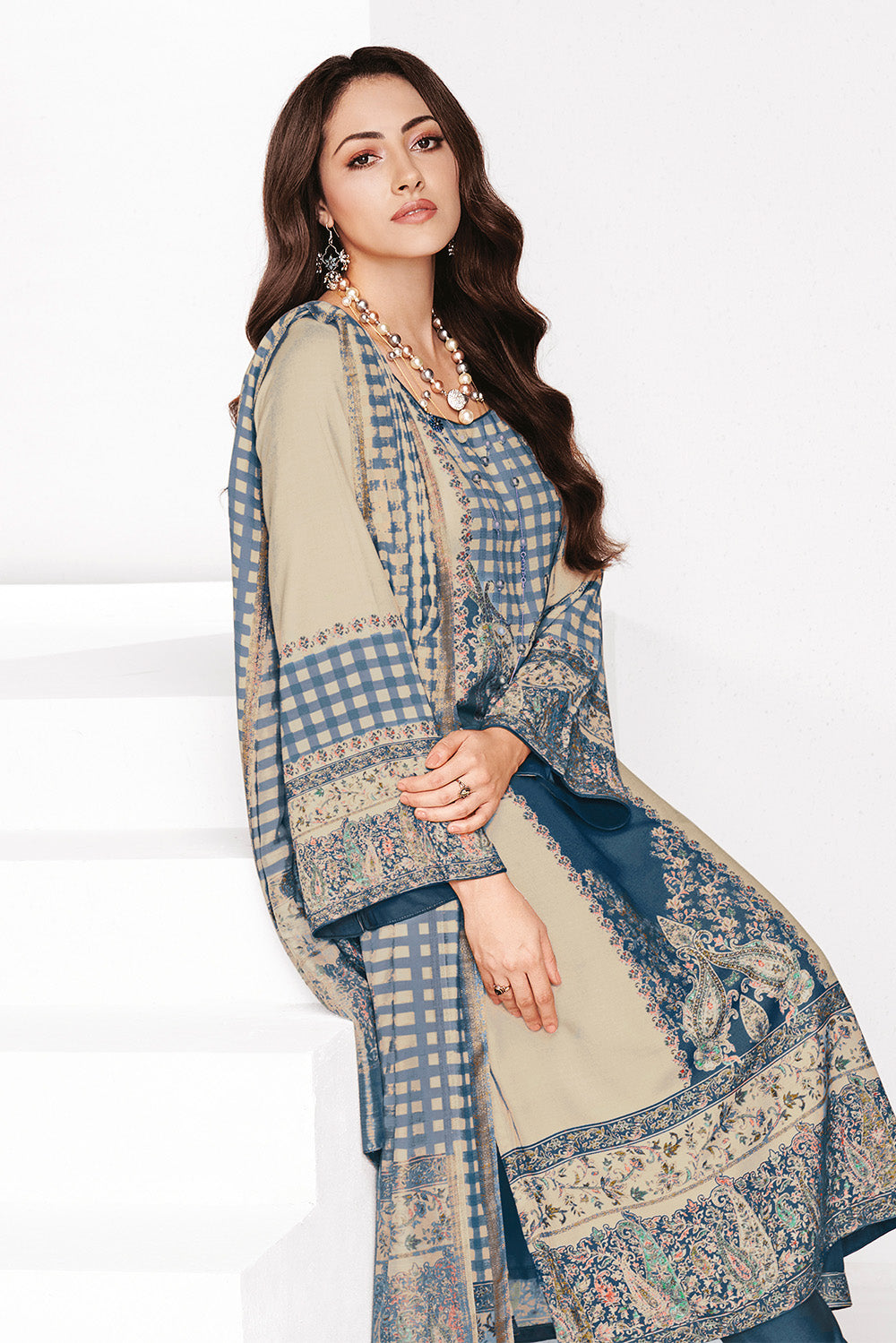 Navy & Beige Kashmiri Paisley Printed Unstitched Suits Material