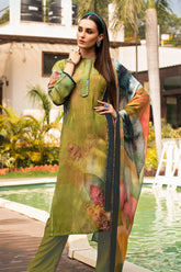 Olive Green Color Printed Crepe Silk Unstitched Suit Material