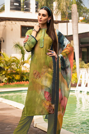 Olive Green Color Printed Crepe Silk Unstitched Suit Material