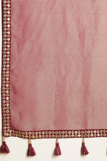 Wine Color Metallic Tissue Sequins &amp; Zari Embroidered Saree with Readymade Blouse