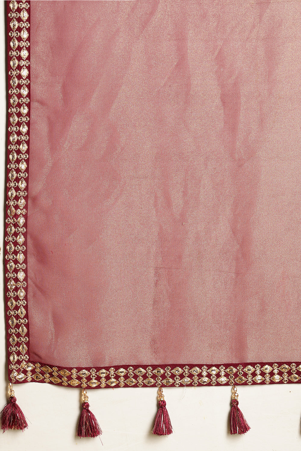 Wine Color Metallic Tissue Sequins &amp; Zari Embroidered Saree with Readymade Blouse