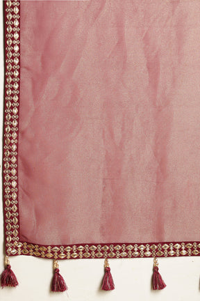 Wine Color Matelic Tissue Sequins &amp; Zari Embroidered Saree with Readymade Blouse