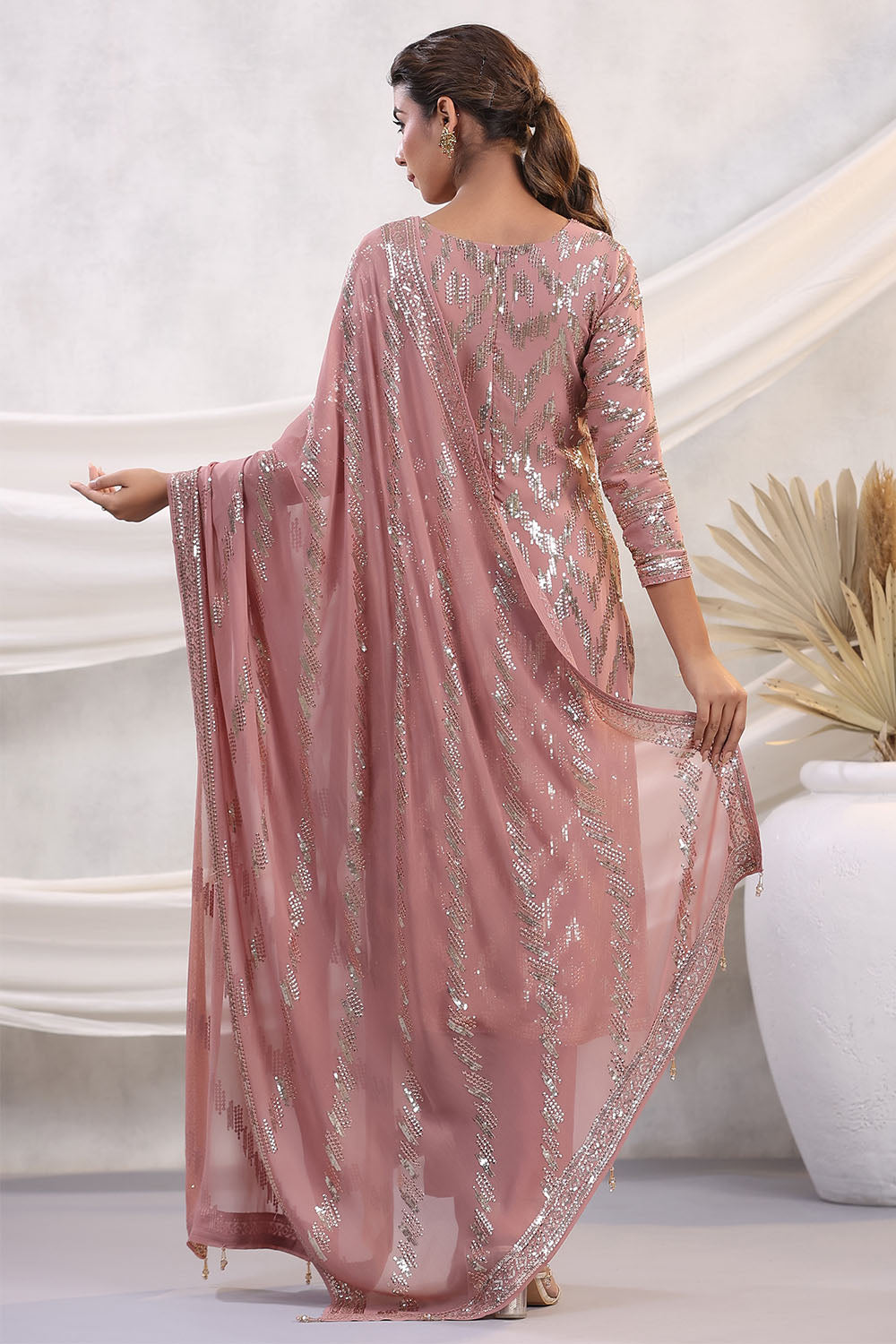 Dusty Pink Color Embroidered Georgette Unstitched Suit Material