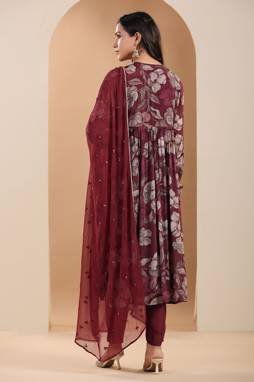 Dark Scarlet Color Crepe Alia-Cut Floral Printed Suit