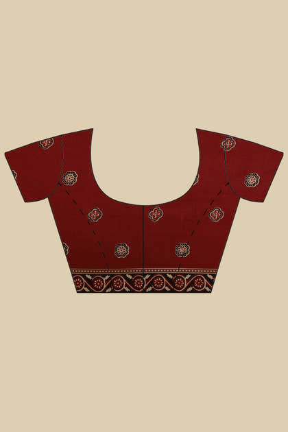 Maroon Cotton Silk Ajrakh Block Printed Saree