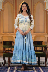 Cream & Blue Color Cotton Printed Anarkali Kurta