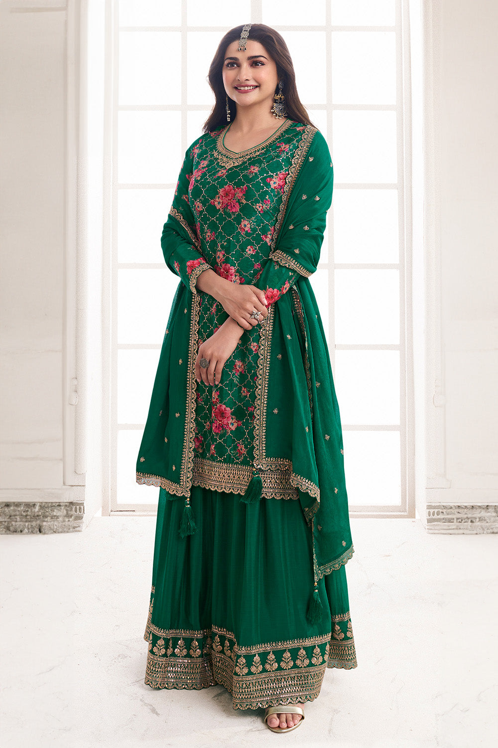 Green Color Printed Crepe Unstitched Suit Material With Stitched Palazzo
