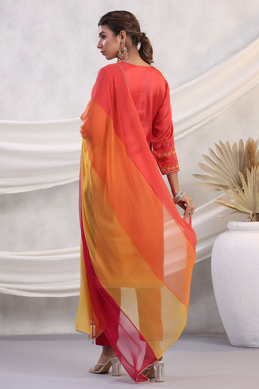 Coral Color Embroidered Silk Unstitched Suit Fabric