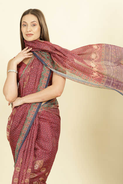 Maroon Organza Cotton Bandhani Block Printed Saree