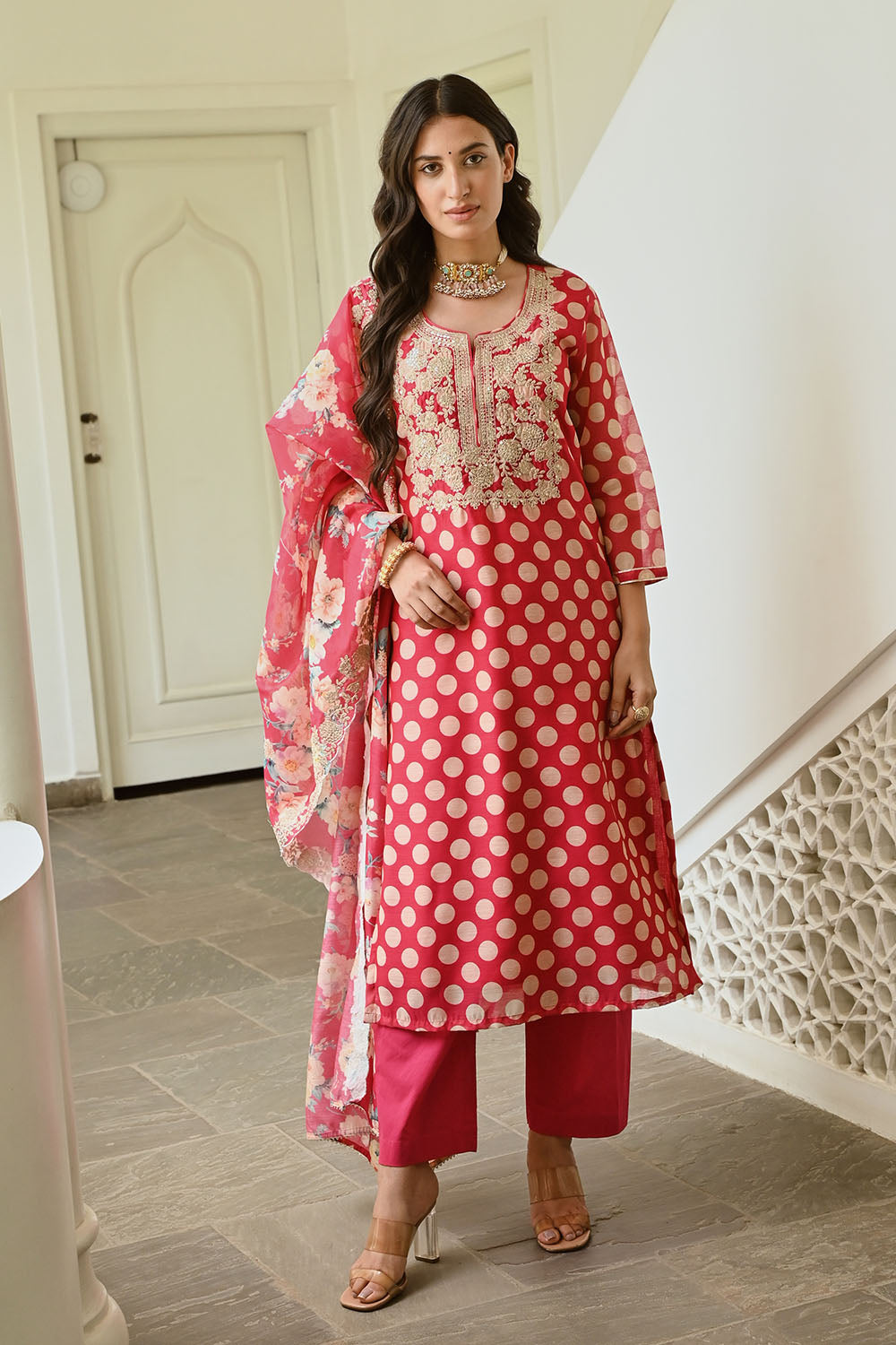 Fuchsia Pink Color Chanderi Printed Suit