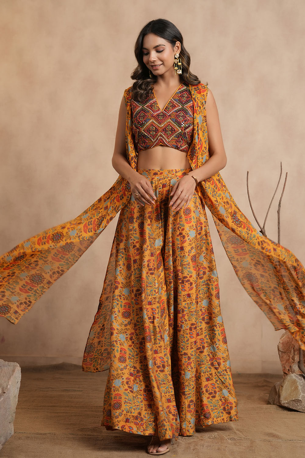 Mustard Green Colour Chinon Embroidered Crop-Top and Printed Palazzo Set With Shrugs