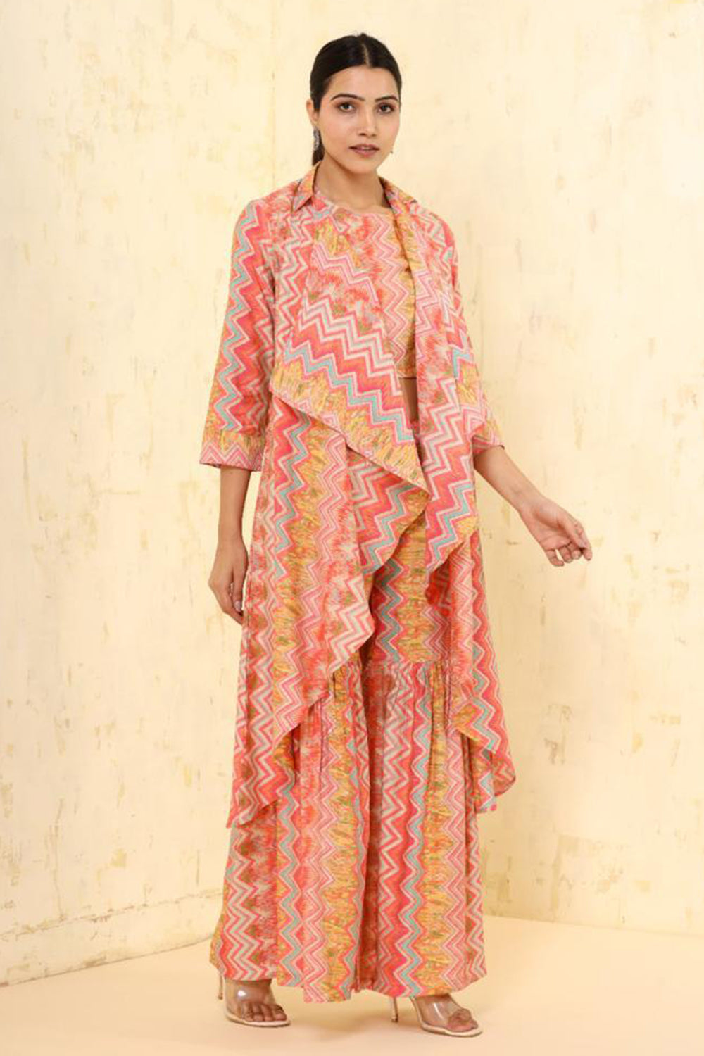 Multi-Colour Muslin Printed Crop-Top Kurta and Gharara Set With Shrugs