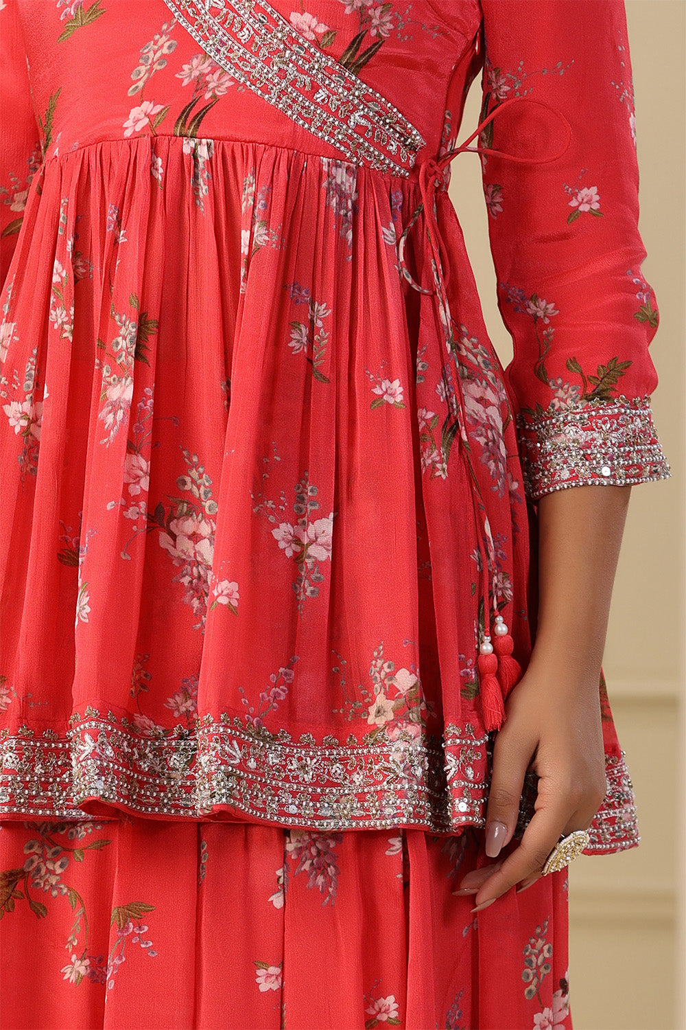 Coral Color Crepe Printed Peplum Suit With Skirt