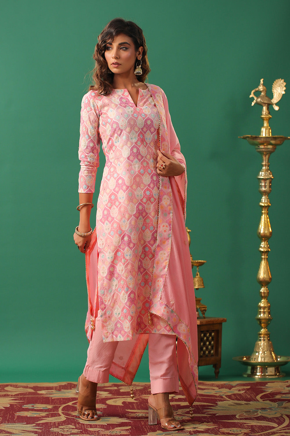 Pink Color Chanderi Embroidered Unstitched Suit Material