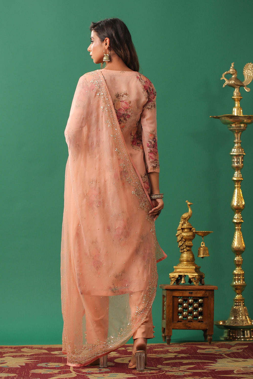 Peach Color Floral Printed Organza Unstitched Suit Material