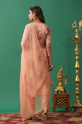Peach Color Floral Printed Organza Unstitched Suit Material