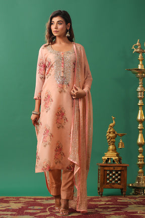 Peach Color Floral Printed Organza Unstitched Suit Material